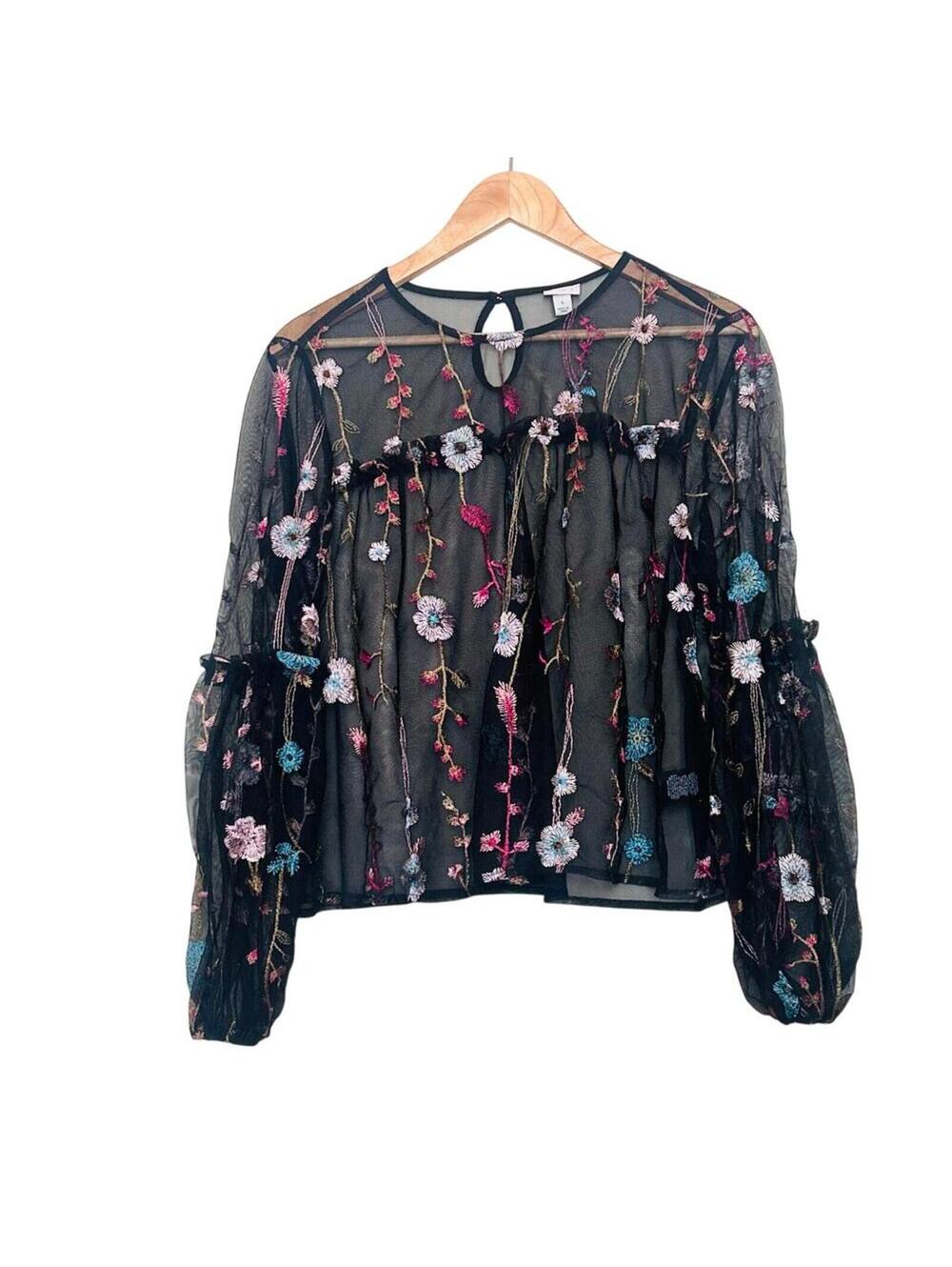 A New Day Black Sheer Floral Embroidered Mesh Blouse Long Sleeve Romantic L Top
